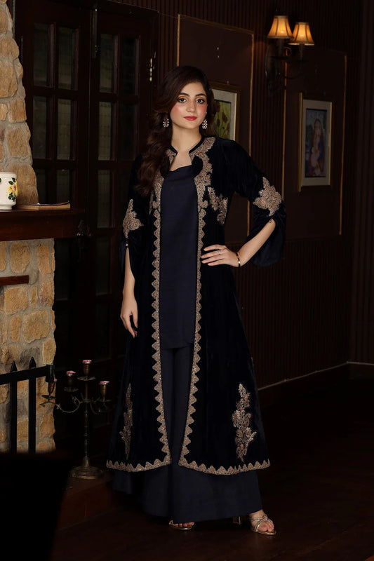 NF-5499 Navy Blue Velvet With Upper Stitched Shirt (Pre-Order)