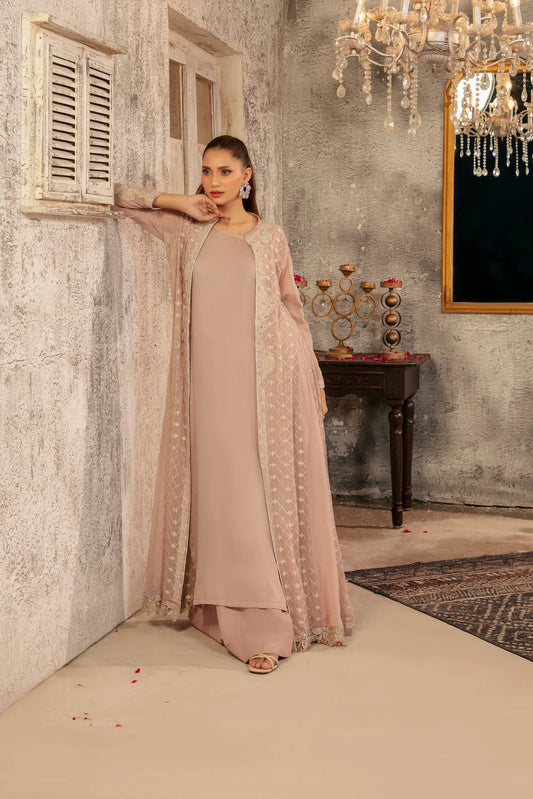 NF-6293 Pink Chiffon Stitched Coat with Inner (Pre-Order)