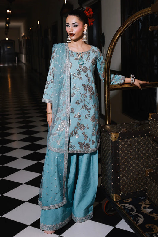 3-PC Embroidered Raw-Silk Suit CMA-5-111 Ferozi (Pre-Order)