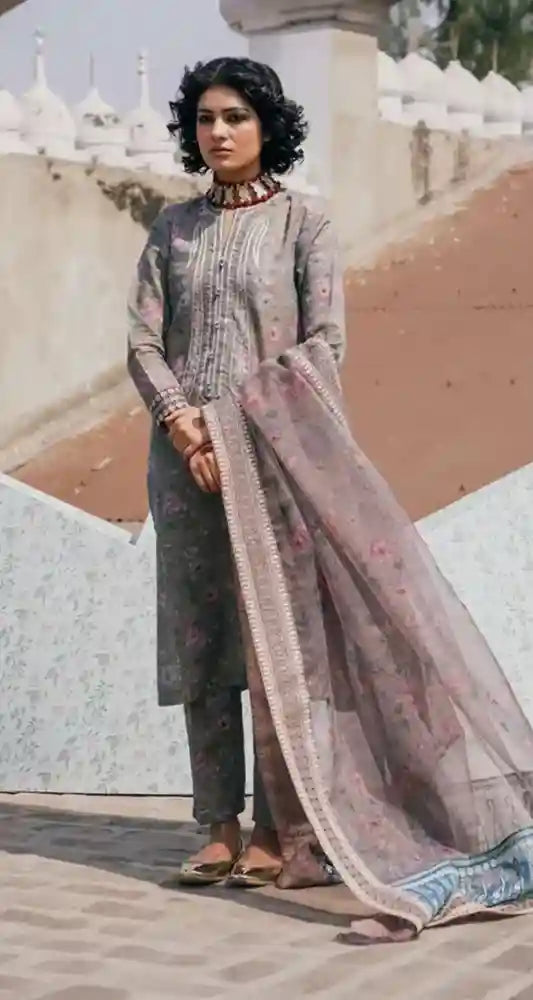 A woman models a traditional pakistani salwar kameez suit in a dusty pink and gray colorway, featuring a printed kurta, matching trousers, and a sheer printed dupatta with a gold border, set against an outdoor architectural background.