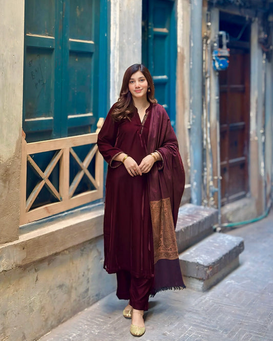 Velvet Maroon Dress with Shawl (In stock )