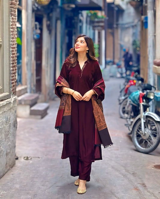 Velvet Maroon Dress with Shawl (In stock )