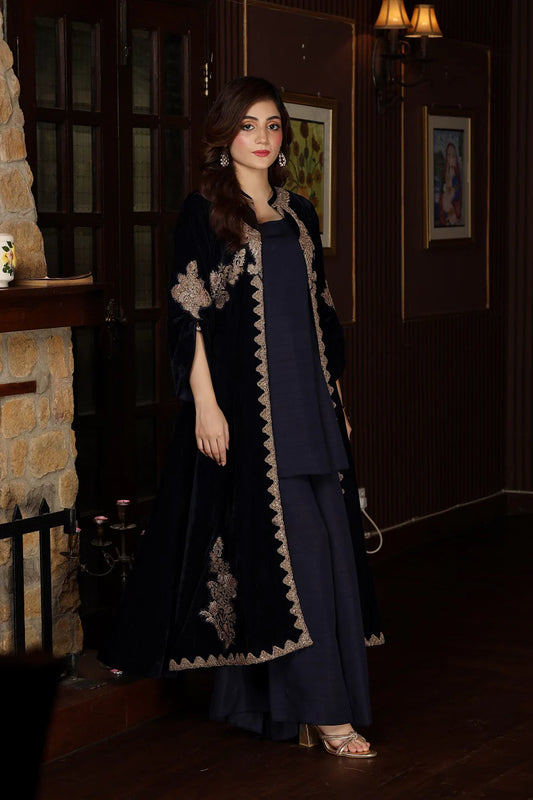 NF-5499 Navy Blue Velvet With Upper Stitched Shirt (Pre-Order)