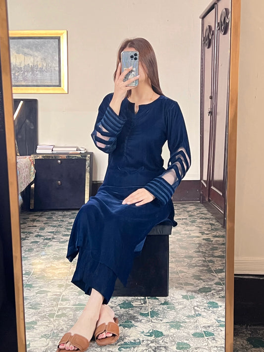 Velvet Navy Blue Dress with Shawl (Pre-Order)