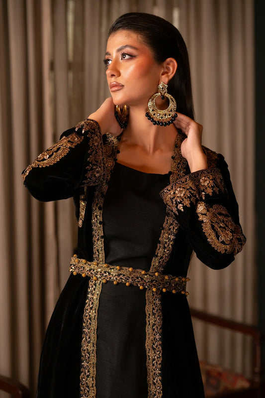 NF-6366 Black Velvet Stitched Coat (Pre-Order)