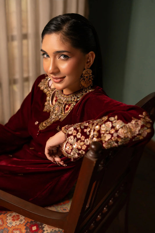 NF-6299 Mehroon Velvet Stitched Long Shirt (Pre-Order)