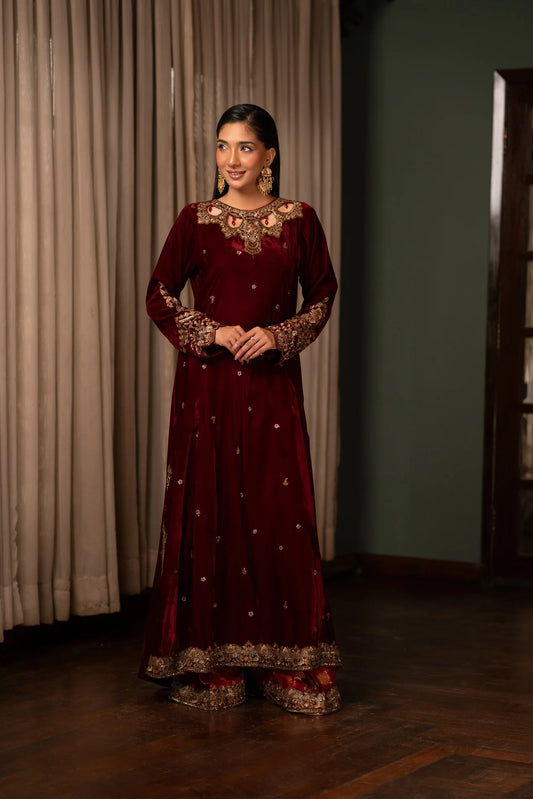 NF-6299 Mehroon Velvet Stitched Long Shirt (Pre-Order)