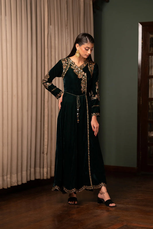 NF-6296 Bottle Green Velvet Stitched Shirt (Pre-Order)