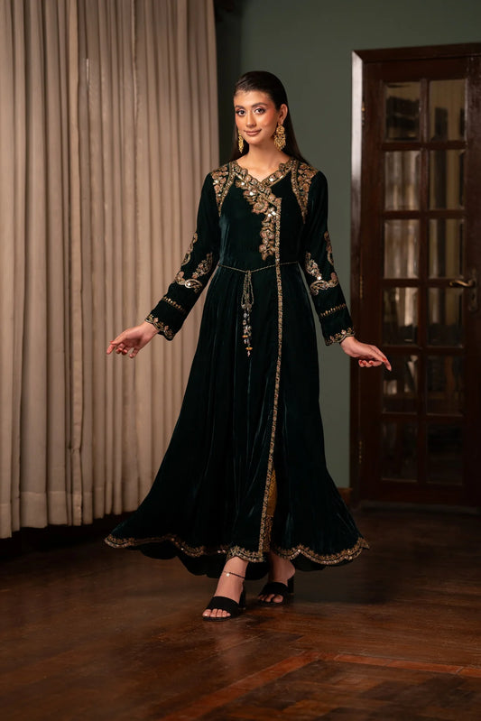 NF-6296 Bottle Green Velvet Stitched Shirt (Pre-Order)