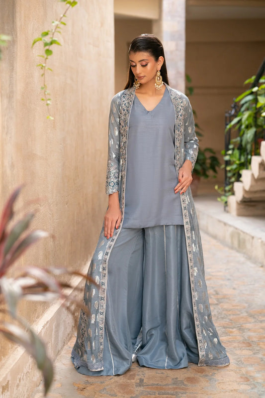 NF-6540 Grey Jacquard Stitched Coat with Inner (Pre-Order)