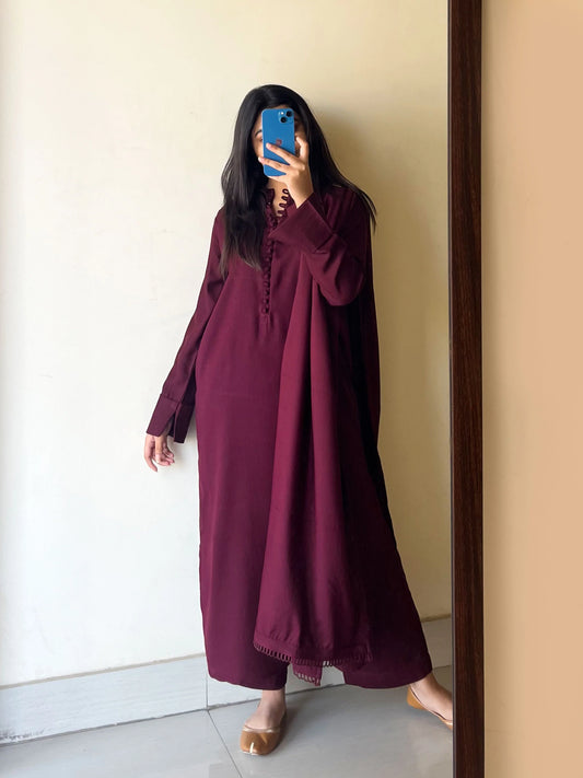 3 PIECE – SILK KARANDI MAROON DRESS (Pre-Order)