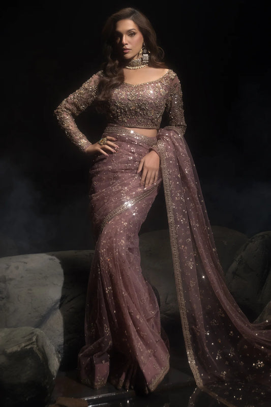 3-PC Embroidered Net Saree STM-5-013 (Pre-Order)