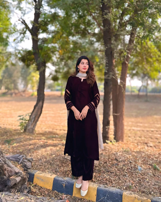 Velvet Deep Maroon Dress with Shawl (Pre-Order)