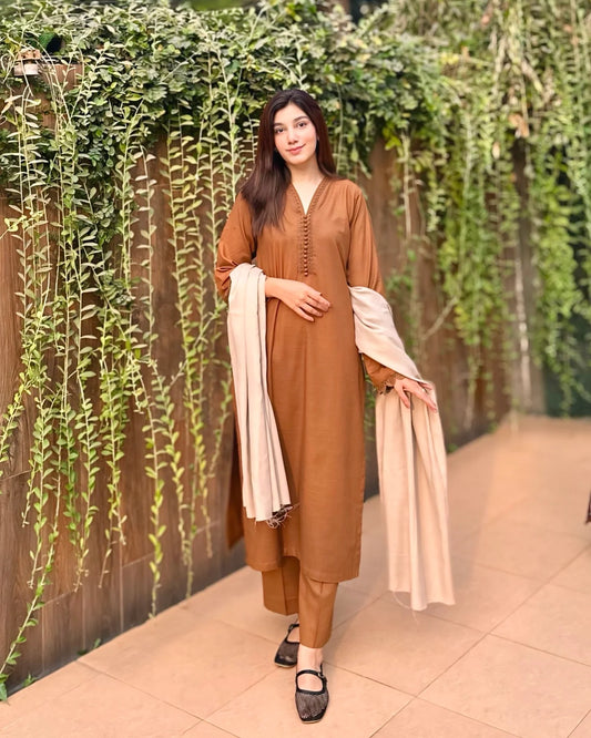 3 Piece - Slub Khaddar Bronze Brown Dress (Pre-Order)