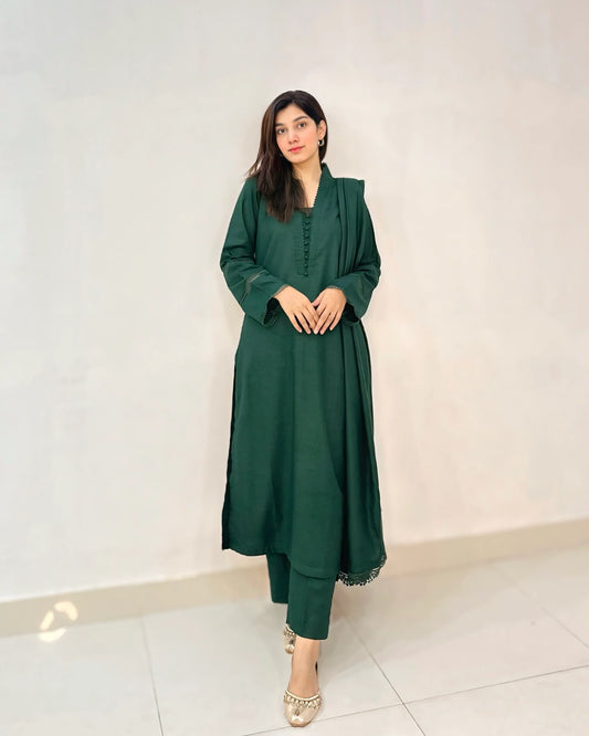 3 Piece - Slub Khaddar Dark Green Dress (Pre-Order)