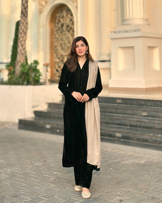 Velvet Black Dress with Shawl (Pre-Order)