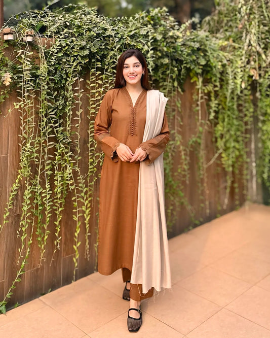 3 Piece - Slub Khaddar Bronze Brown Dress (Pre-Order)