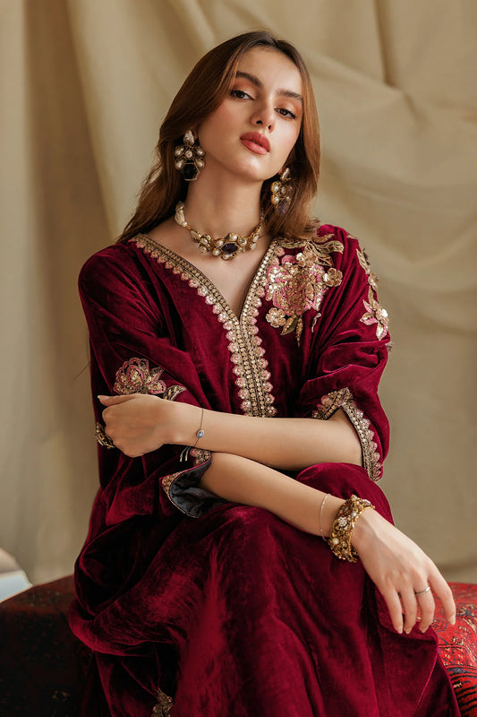 2-PC Embroidered Velvet Kaftaan with Silk Trouser VVT-5-17 RED (PRE-ORDER)