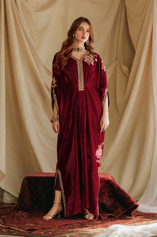2-PC Embroidered Velvet Kaftaan with Silk Trouser VVT-5-17 RED (PRE-ORDER)