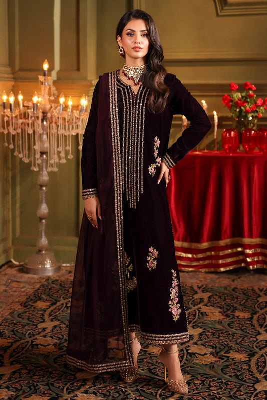 3-PC Embroidered Velvet Shirt with Embroidered Chiffon Dupatta and Trouser VVT-5-18 (Pre-Order)