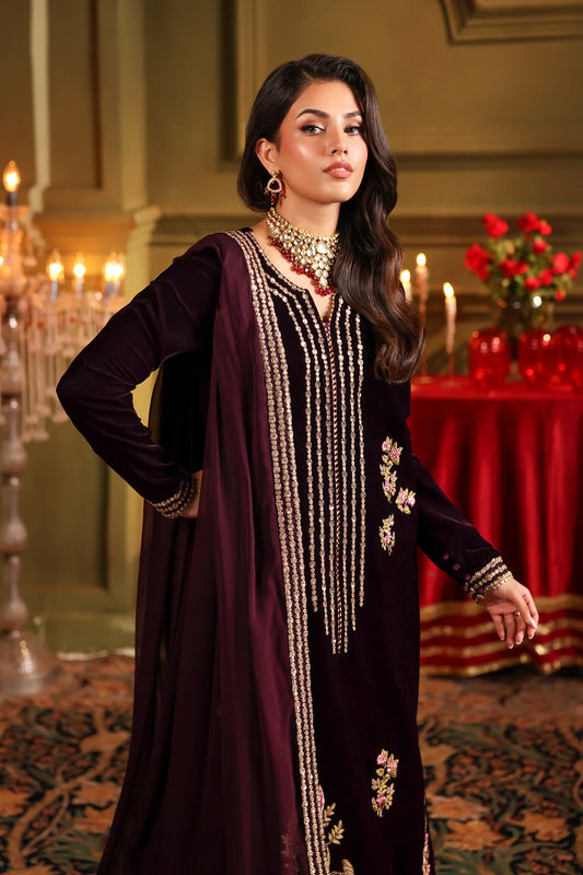 3-PC Embroidered Velvet Shirt with Embroidered Chiffon Dupatta and Trouser VVT-5-18 (Pre-Order)